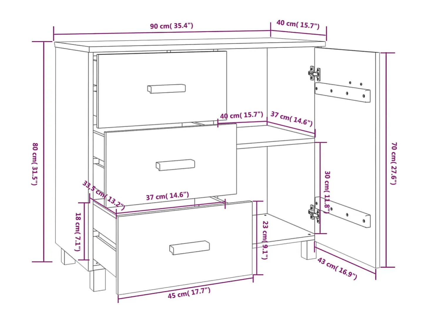 Aparador HAMAR Blanco 90x40x80 cm Madera Maciza de Pino