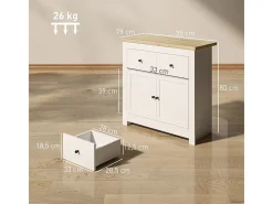Aparador HOMCOM de 79×35×80 cm blanco, 2 cajones, 2 puertas con cierre suave, estante ajustable, moderno