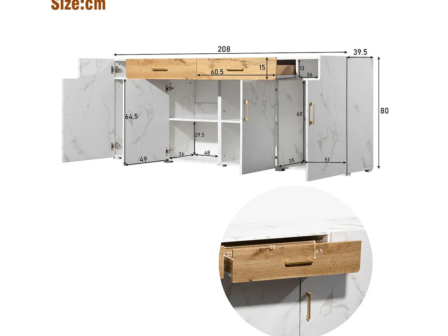 Aparador L 200 cm - 4 puertas con 2 cajones - Blanco