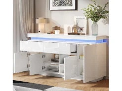 Aparador lacado alto brillo - 140 x 35 x 72,5 cm - con 2 cajones + 4 puertas + LED - tablero de partículas - blanco
