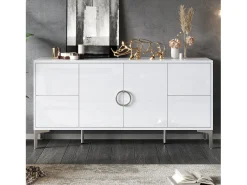 Aparador lacado brillante 150x38x59,5 cm - con 4 cajones y 2 puertas - Patas de metal - MDF - Blanco