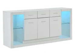 Aparador LED con estantes regulables, 3 cajones y 3 puertas - Acabado blanco brillo