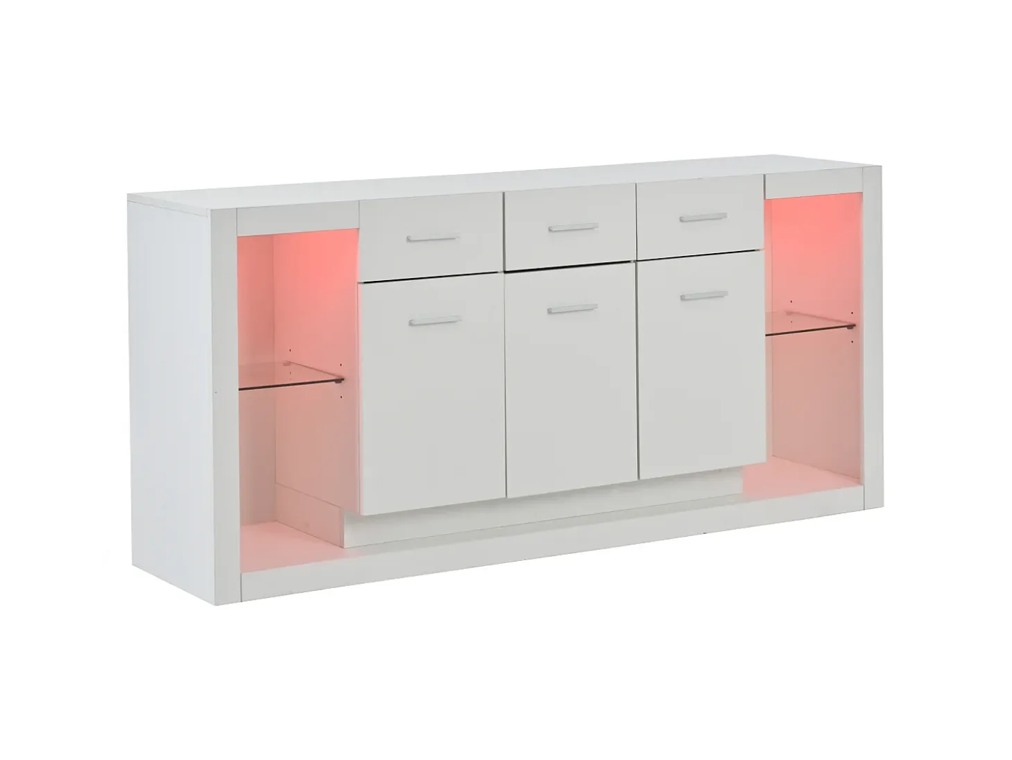 Aparador LED con estantes regulables, 3 cajones y 3 puertas - Acabado blanco brillo