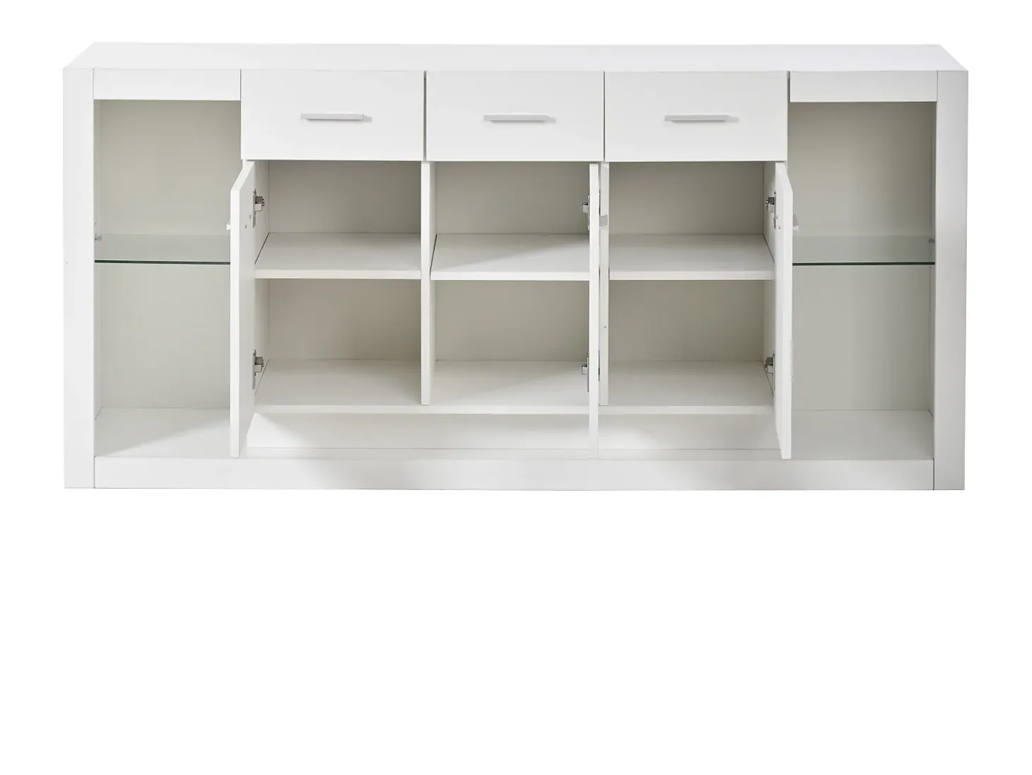 Aparador LED con estantes regulables, 3 cajones y 3 puertas - Acabado blanco brillo