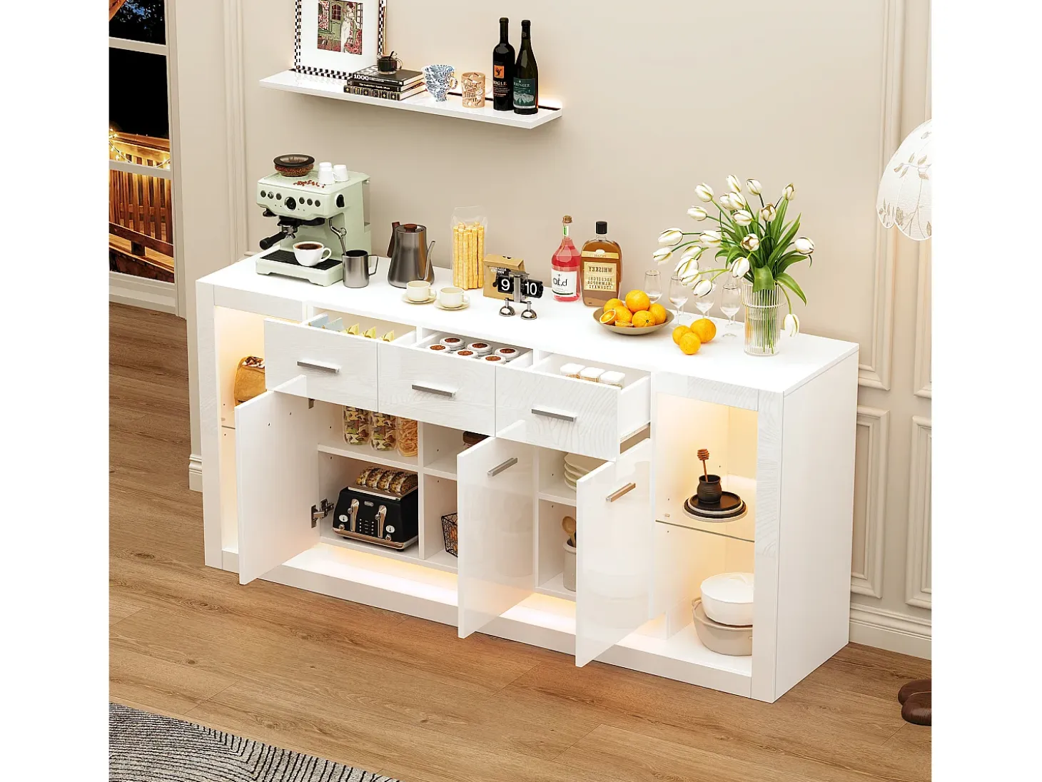 Aparador LED con estantes regulables, 3 cajones y 3 puertas - Acabado blanco brillo