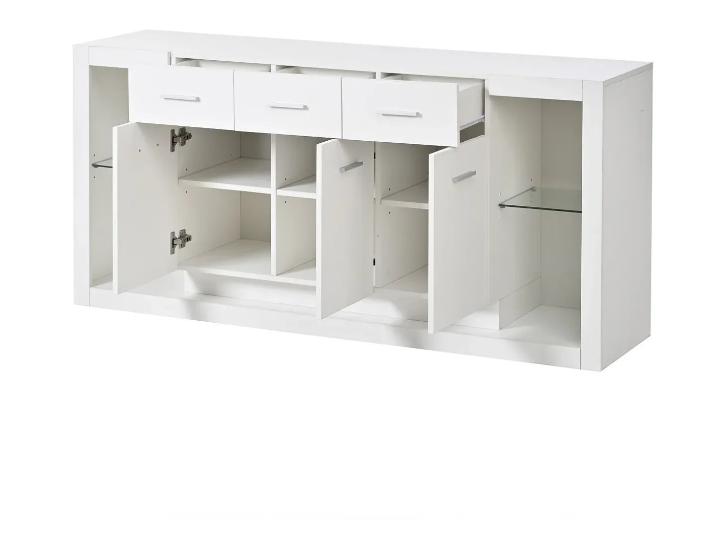Aparador LED con estantes regulables, 3 cajones y 3 puertas - Acabado blanco brillo