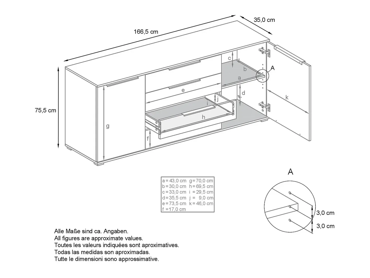 Aparador Linio V2 – Mueble moderno con 2 puertas y 4 cajones, Roble Evoke/negro de alto brillo, 166,5 x 75,5 x 35 cm (An x Al x P) – Mueble auxiliar buffet armario