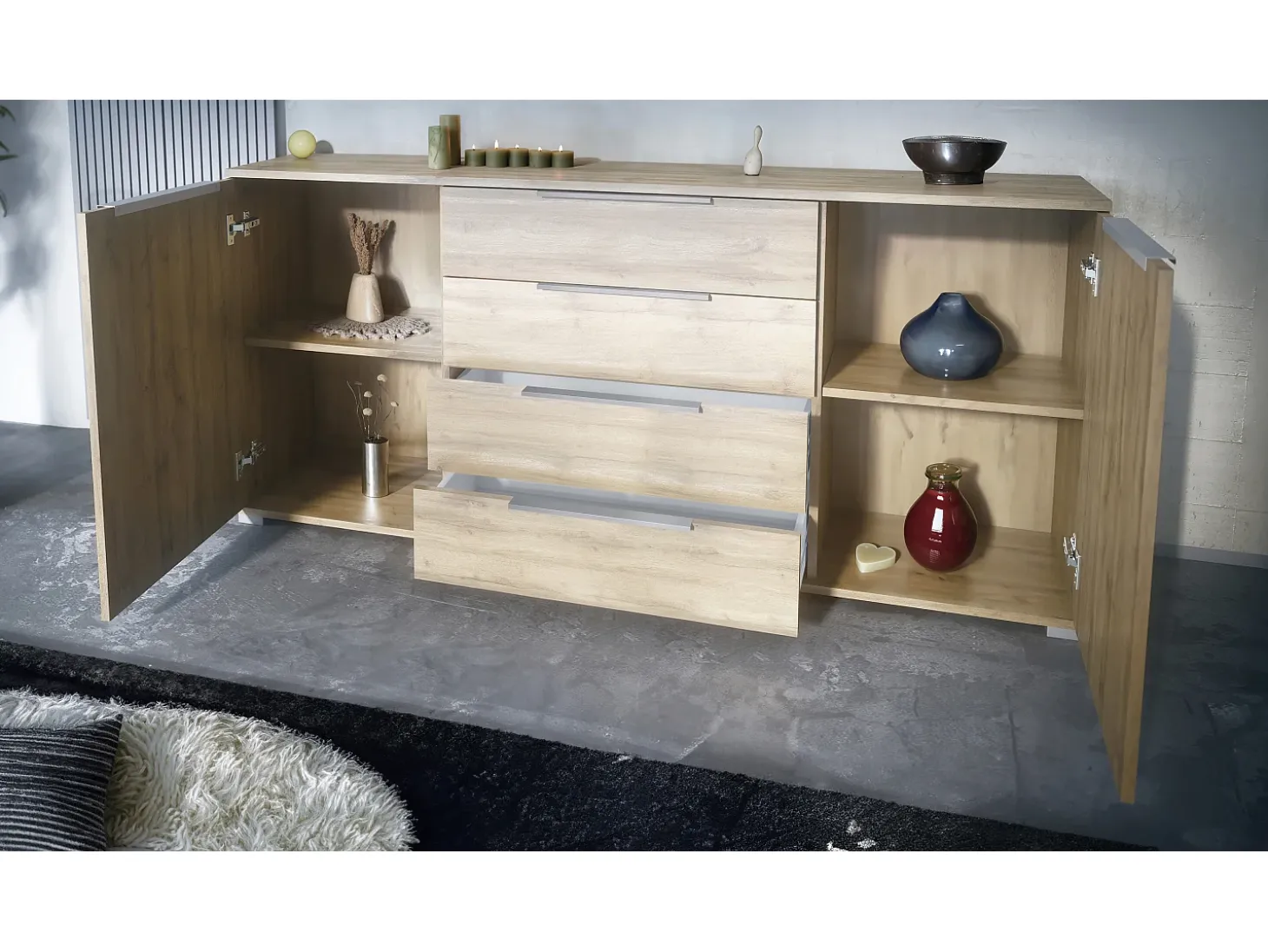 Aparador Linio V2 – Mueble moderno con 2 puertas y 4 cajones, Roble Evoke/negro de alto brillo, 166,5 x 75,5 x 35 cm (An x Al x P) – Mueble auxiliar buffet armario