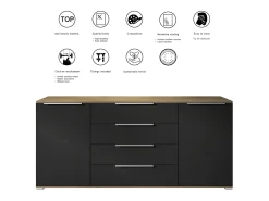Aparador Linio V2 – Mueble moderno con 2 puertas y 4 cajones, Roble Evoke/negro de alto brillo, 166,5 x 75,5 x 35 cm (An x Al x P) – Mueble auxiliar buffet armario