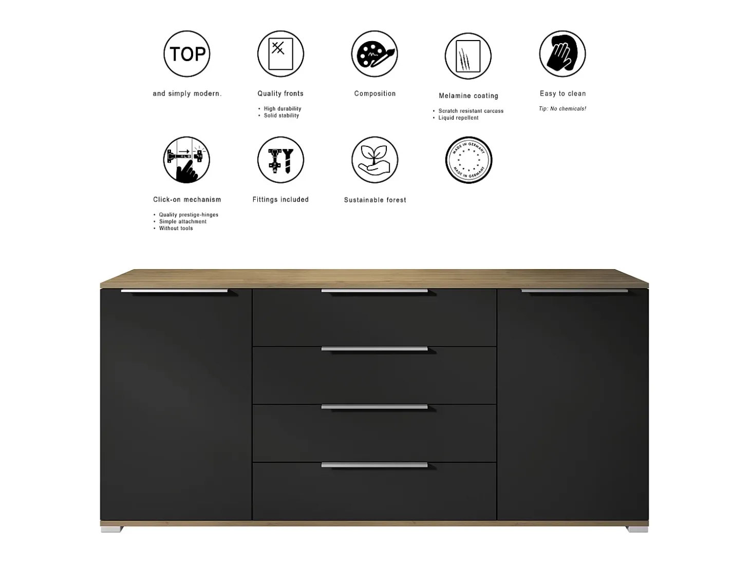 Aparador Linio V2 – Mueble moderno con 2 puertas y 4 cajones, Roble Evoke/negro de alto brillo, 166,5 x 75,5 x 35 cm (An x Al x P) – Mueble auxiliar buffet armario
