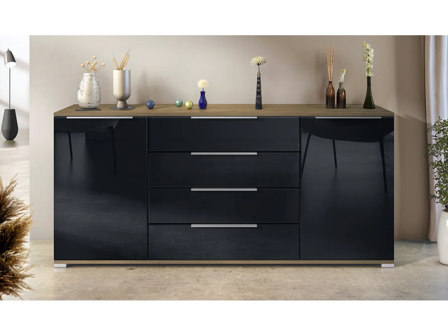 Aparador Linio V2 – Mueble moderno con 2 puertas y 4 cajones, Roble Evoke/negro de alto brillo, 166,5 x 75,5 x 35 cm (An x Al x P) – Mueble auxiliar buffet armario