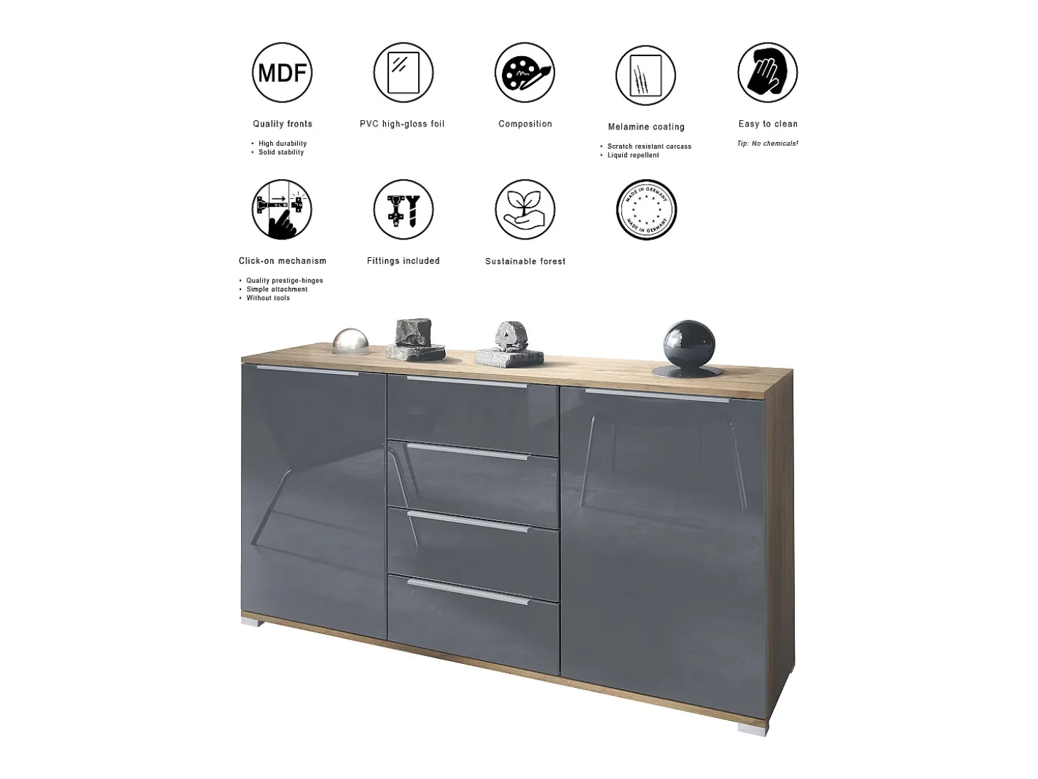 Aparador Linio V1, Mueble con 2 puertas y 4 cajones, Roble Evoke / mezclilla mate (138,5 x 75,5 x 35 cm)