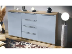 Aparador Linio V1, Mueble con 2 puertas y 4 cajones, Roble Evoke / mezclilla mate (138,5 x 75,5 x 35 cm)