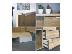 Aparador Linio V1, Mueble con 2 puertas y 4 cajones, Roble Evoke / mezclilla mate (138,5 x 75,5 x 35 cm)