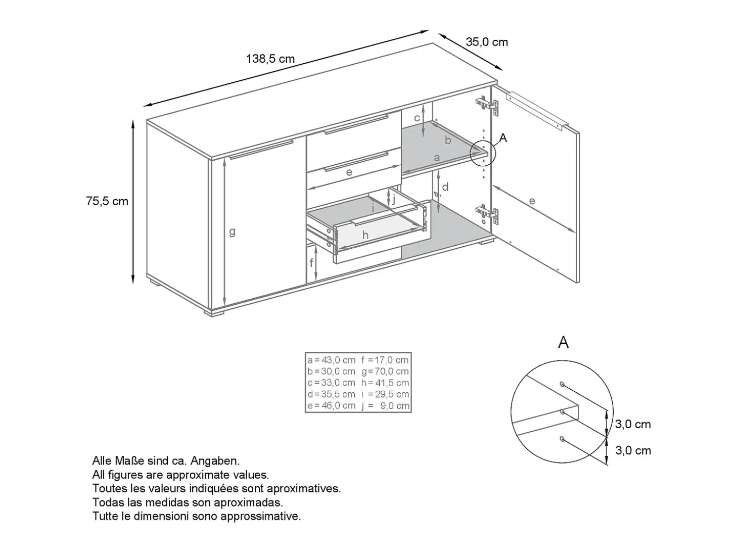 Aparador Linio V1, Mueble con 2 puertas y 4 cajones, antracita mate / burdeos de alto brillo (138,5 x 75,5 x 35 cm)