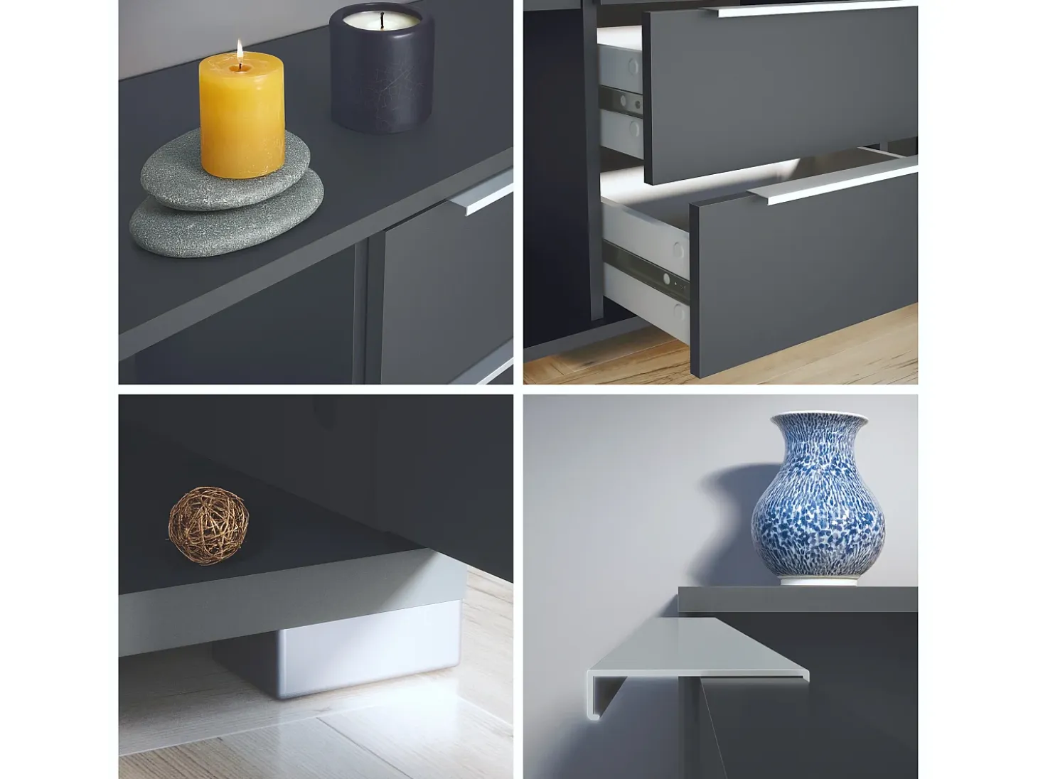 Aparador Linio V1, Mueble con 2 puertas y 4 cajones, antracita mate / burdeos de alto brillo (138,5 x 75,5 x 35 cm)