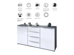 Aparador Linio V1, Mueble con 2 puertas y 4 cajones, antracita mate / burdeos de alto brillo (138,5 x 75,5 x 35 cm)