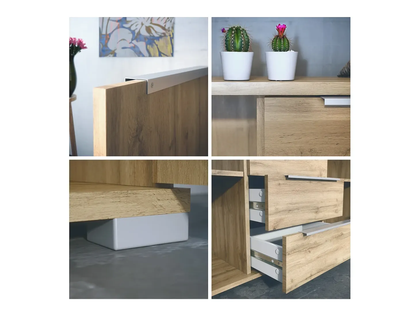 Aparador Linio V1, Mueble con 2 puertas y 4 cajones, Roble Evoke / gris arena de alto brillo (138,5 x 75,5 x 35 cm)