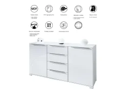 Aparador Linio V1, Mueble con 2 puertas y 4 cajones, blanco mate / blanco mate (138,5 x 75,5 x 35 cm)