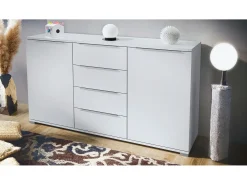 Aparador Linio V1, Mueble con 2 puertas y 4 cajones, blanco mate / blanco mate (138,5 x 75,5 x 35 cm)