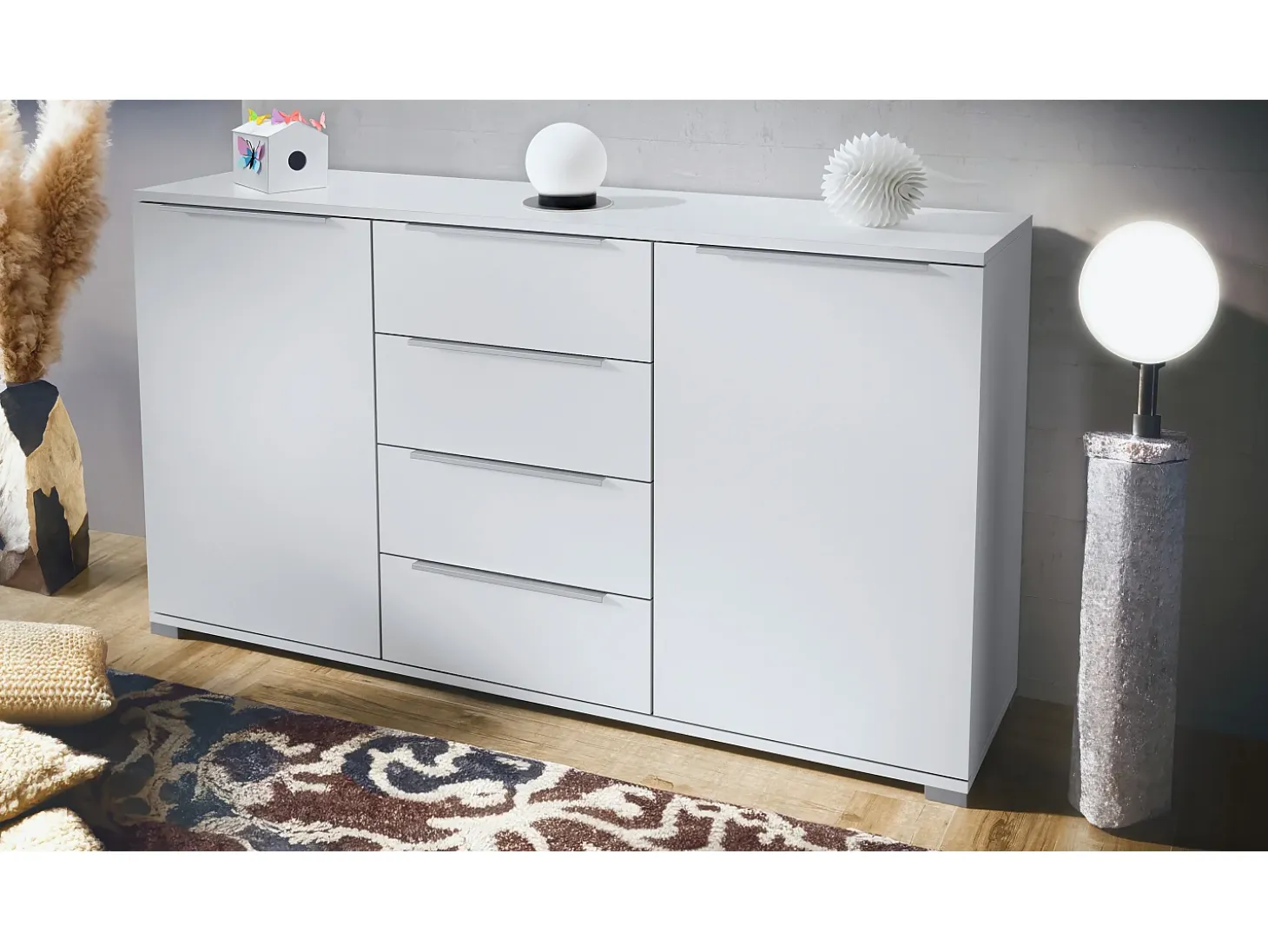 Aparador Linio V1, Mueble con 2 puertas y 4 cajones, blanco mate / blanco mate (138,5 x 75,5 x 35 cm)