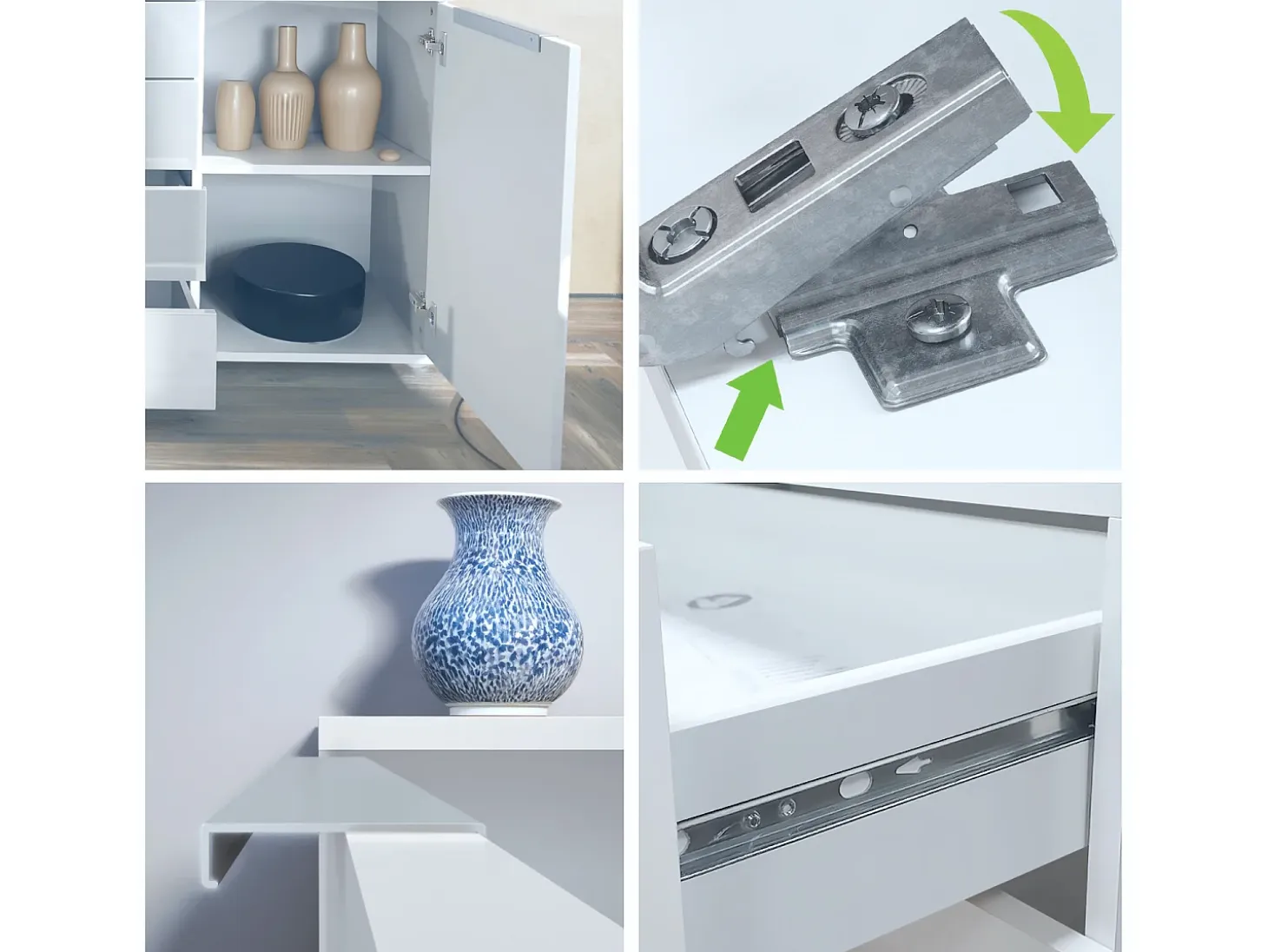 Aparador Linio V1, Mueble con 2 puertas y 4 cajones, blanco mate / blanco mate (138,5 x 75,5 x 35 cm)