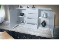 Aparador Linio V1, Mueble con 2 puertas y 4 cajones, blanco mate / blanco mate (138,5 x 75,5 x 35 cm)