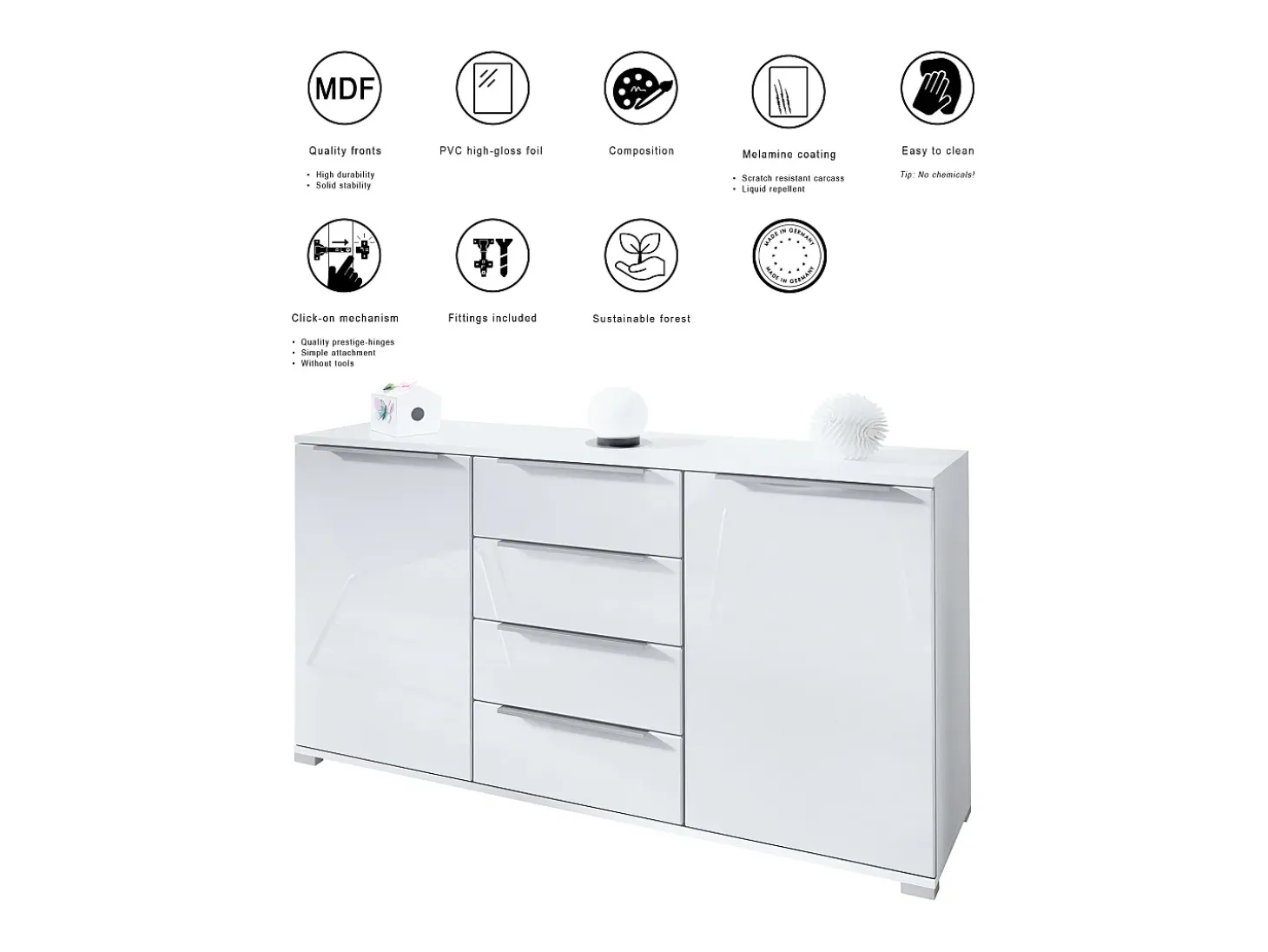Aparador Linio V1, Mueble con 2 puertas y 4 cajones, blanco mate / burdeos de alto brillo (138,5 x 75,5 x 35 cm)