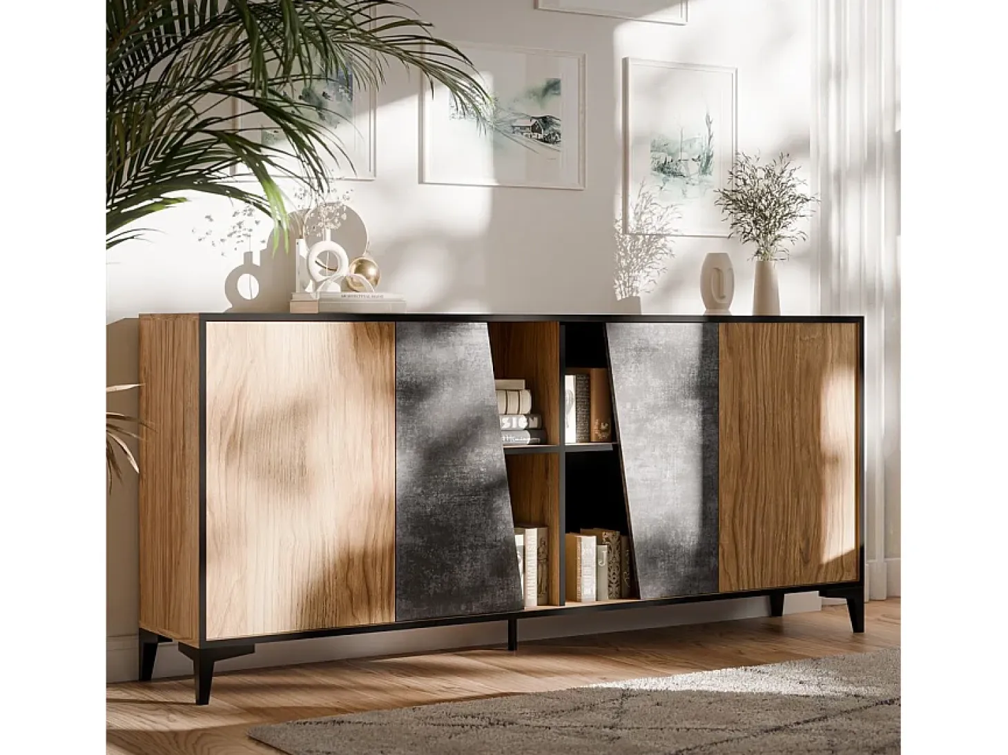 Aparador Ludwig de 4 puertas de diseño en roble y hormigón