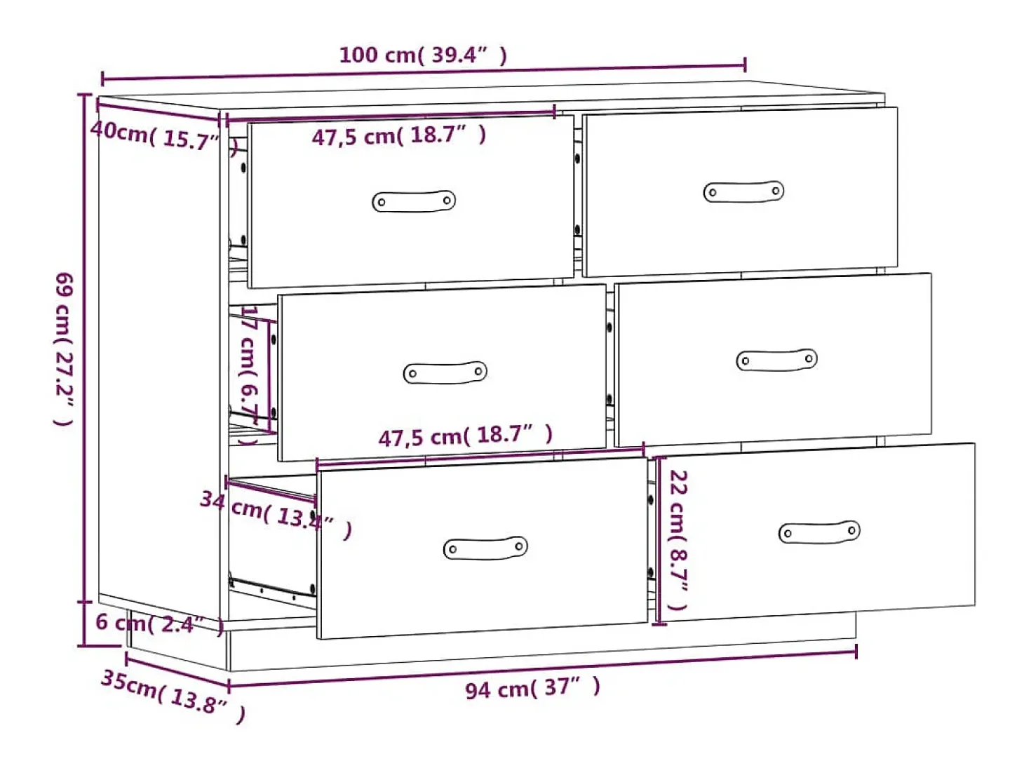 Aparador madera maciza de pino negro 100x40x75 cm