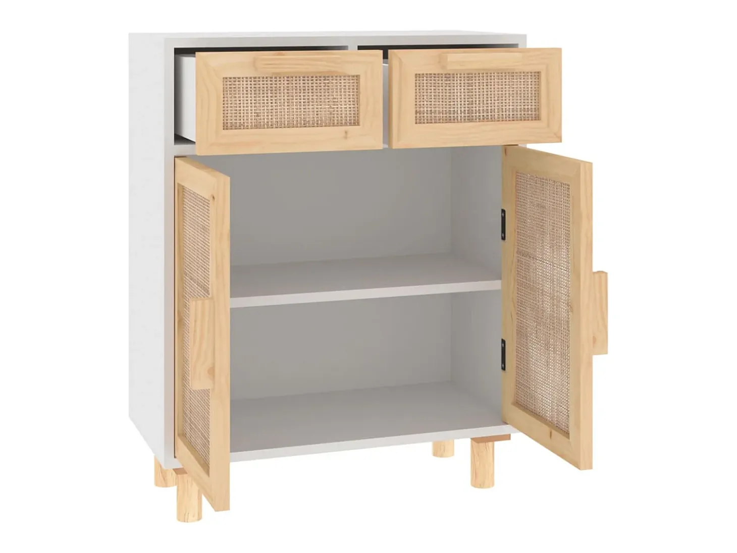 Aparador madera maciza pino y ratán natural blanco 60x30x75 cm