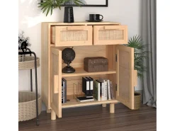 Aparador marrón madera pino maciza y ratán natural 60x30x75 cm ES90858