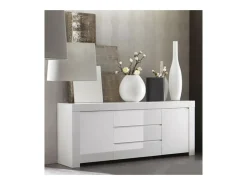 Aparador mediano de 2 puertas y 3 cajones, colección FOLOMI, color blanco lacado brillante.