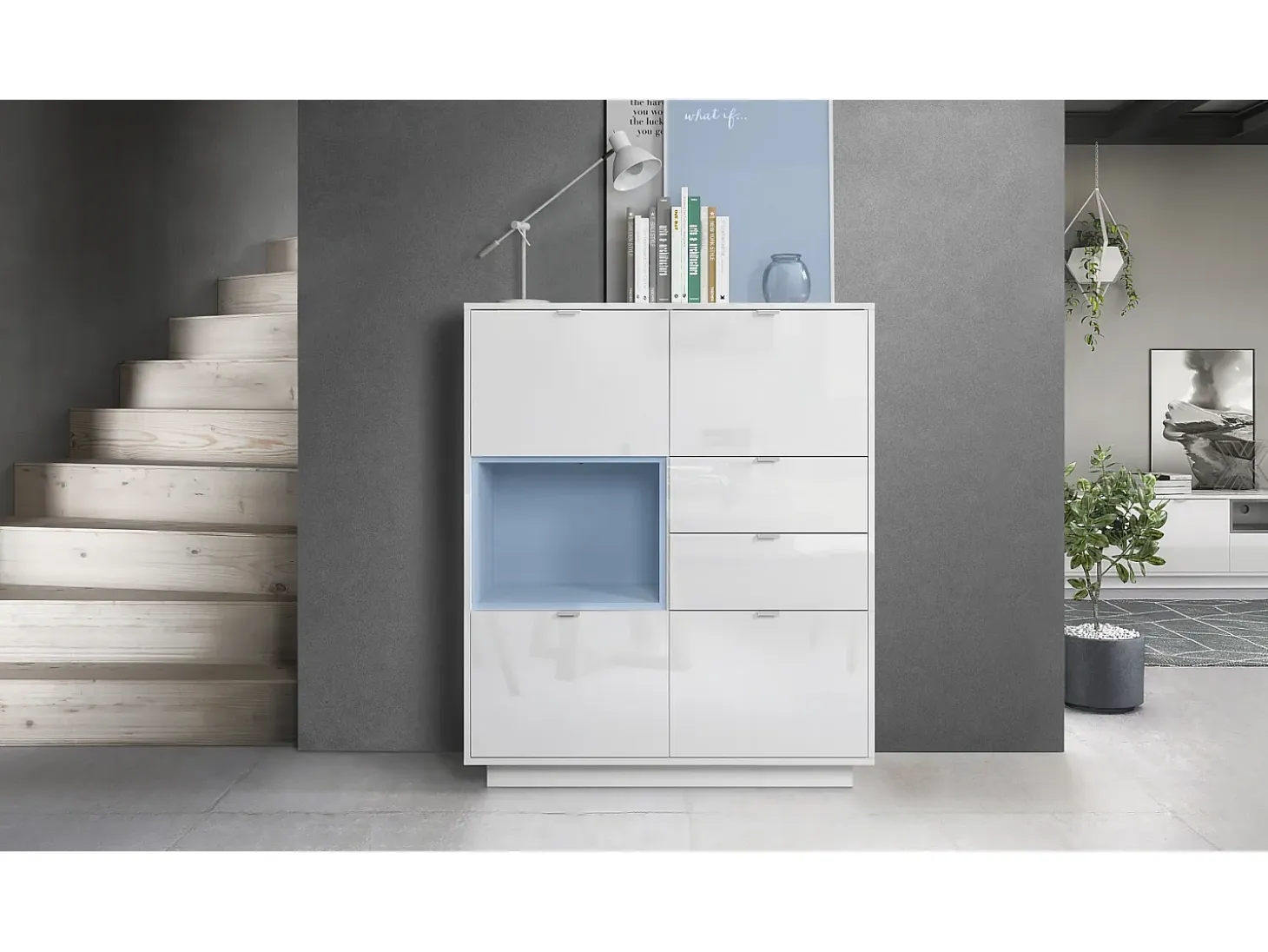 Aparador Metro, Carcasa en blanco alto brillo / Frente en blanco alto brillo con una inserción en denim mate, incl. iluminación LED
