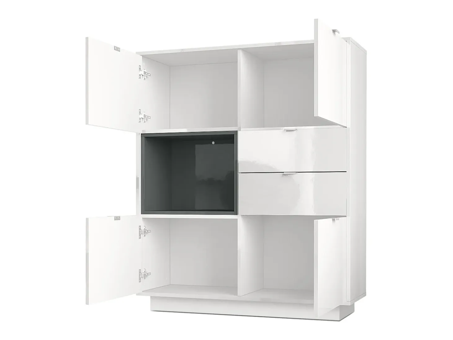 Aparador Metro, Carcasa en blanco alto brillo / Frente en blanco alto brillo con una inserción en denim mate, incl. iluminación LED