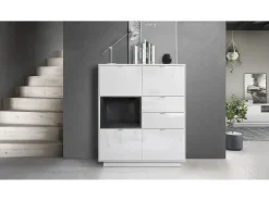 Aparador Metro, Carcasa en blanco alto brillo / Frente en blanco alto brillo con una inserción en negro alto brillo, incl. iluminación LED