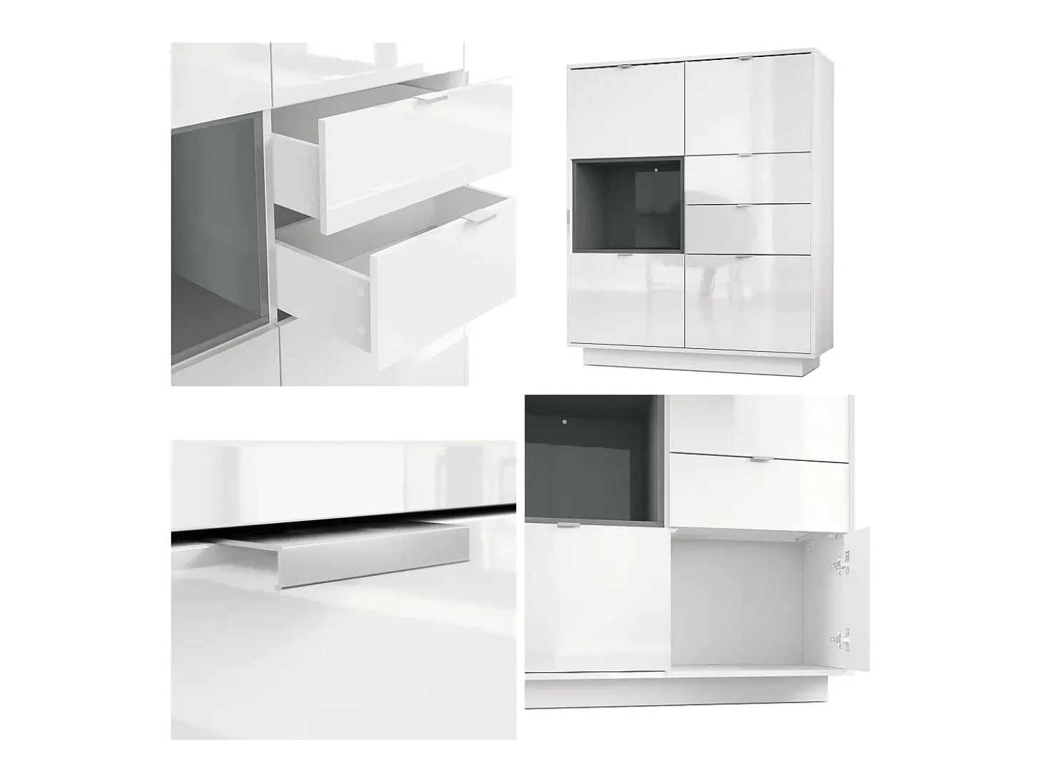 Aparador Metro, Carcasa en blanco alto brillo / Frente en blanco alto brillo con una inserción en burdeos alto brillo, incl. iluminación LED