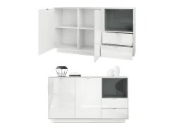 Aparador Metro, cuerpo en blanco de alto brillo, Frentes en blanco de alto brillo con inserción en compartimento abierto en zarzamora de alto brillo