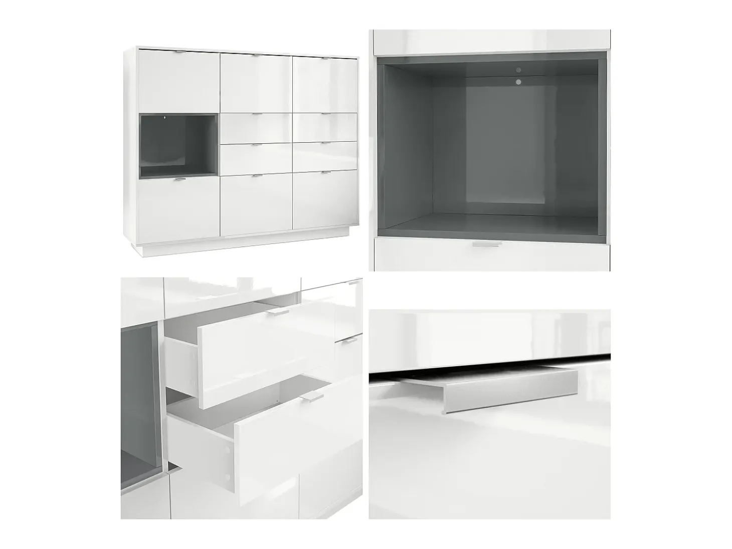 Aparador Metro V2, Carcasa en blanco alto brillo / Frente en blanco alto brillo con una inserción en denim mate
