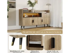 Aparador minimalista moderno - 160 x 35 x 82 cm - con estantes abiertos + 1 cajón + 3 puertas + LED - madera - natural