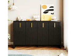 Aparador minimalista negro, con tiradores dorados, estantes regulables, MDF (140x38x80 cm)