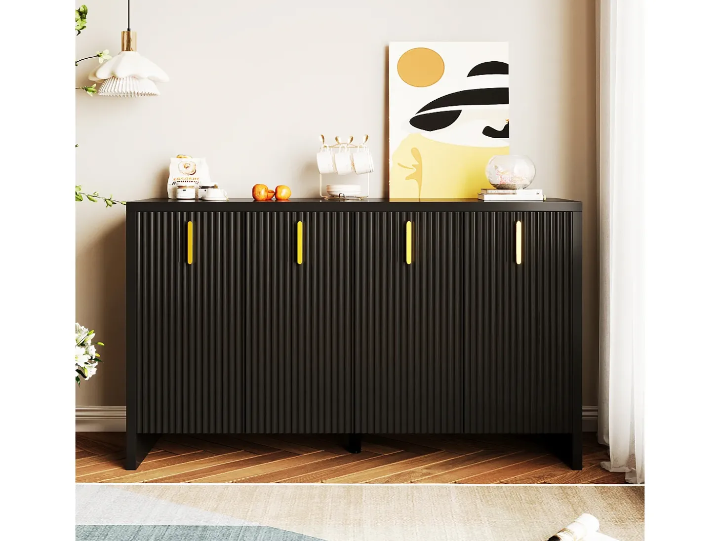 Aparador minimalista negro, con tiradores dorados, estantes regulables, MDF (140x38x80 cm)