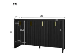 Aparador minimalista negro, con tiradores dorados, estantes regulables, MDF (140x38x80 cm)
