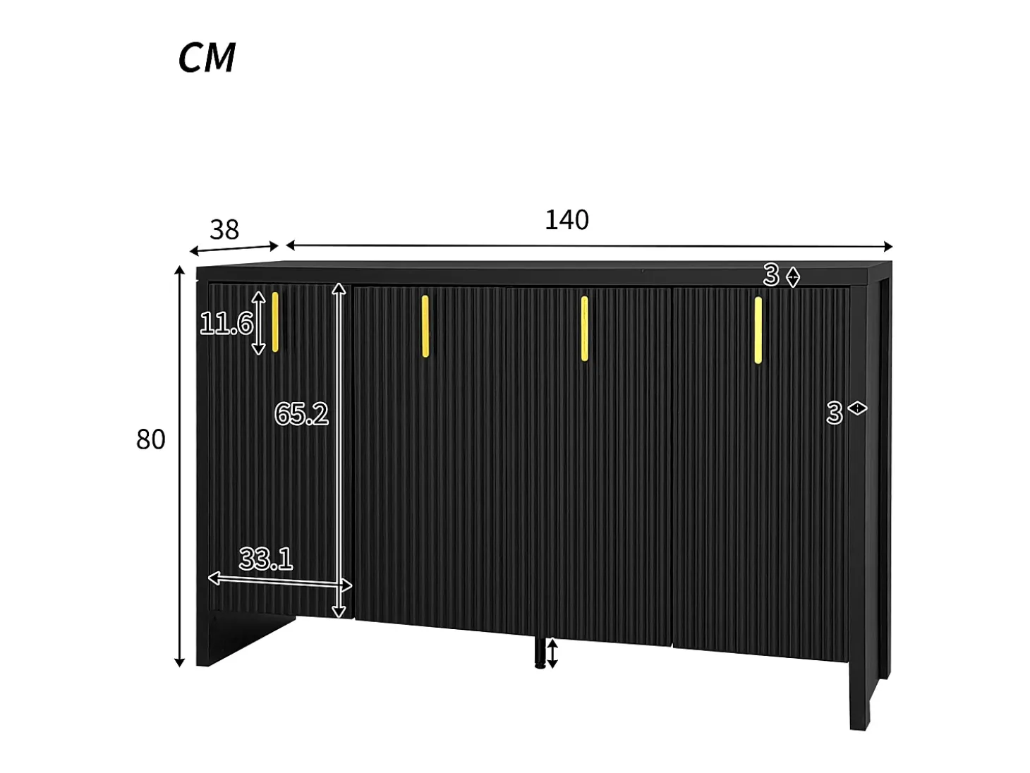 Aparador minimalista negro, con tiradores dorados, estantes regulables, MDF (140x38x80 cm)