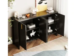Aparador minimalista negro, con tiradores dorados, estantes regulables, MDF (140x38x80 cm)