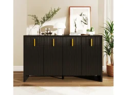 Aparador minimalista negro, con tiradores dorados, estantes regulables, MDF (140x38x80 cm)