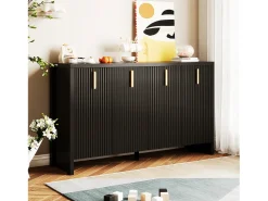 Aparador minimalista negro, con tiradores dorados, estantes regulables, MDF (140x38x80 cm)