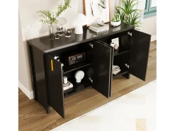 Aparador minimalista negro, con tiradores dorados, estantes regulables, MDF (140x38x80 cm)