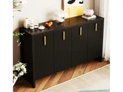 Aparador minimalista negro, con tiradores dorados, estantes regulables, MDF (140x38x80 cm)