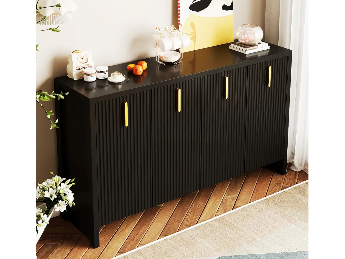 Aparador minimalista negro, con tiradores dorados, estantes regulables, MDF (140x38x80 cm)